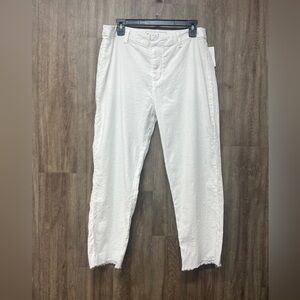 Frank and Eileen White Kinsale Cropped Pants w/ Raw Hem Cotton and Flax Blend